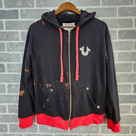 True Religion Jacket Women's Large Black Red Bleach Splatter Distressed Logo - Picture 2 of 15